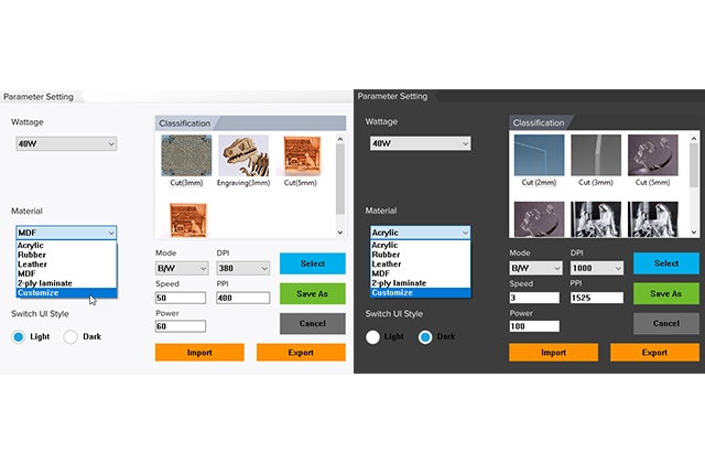 La nueva base de datos de materiales del controlador para Windows de GCC LaserPro